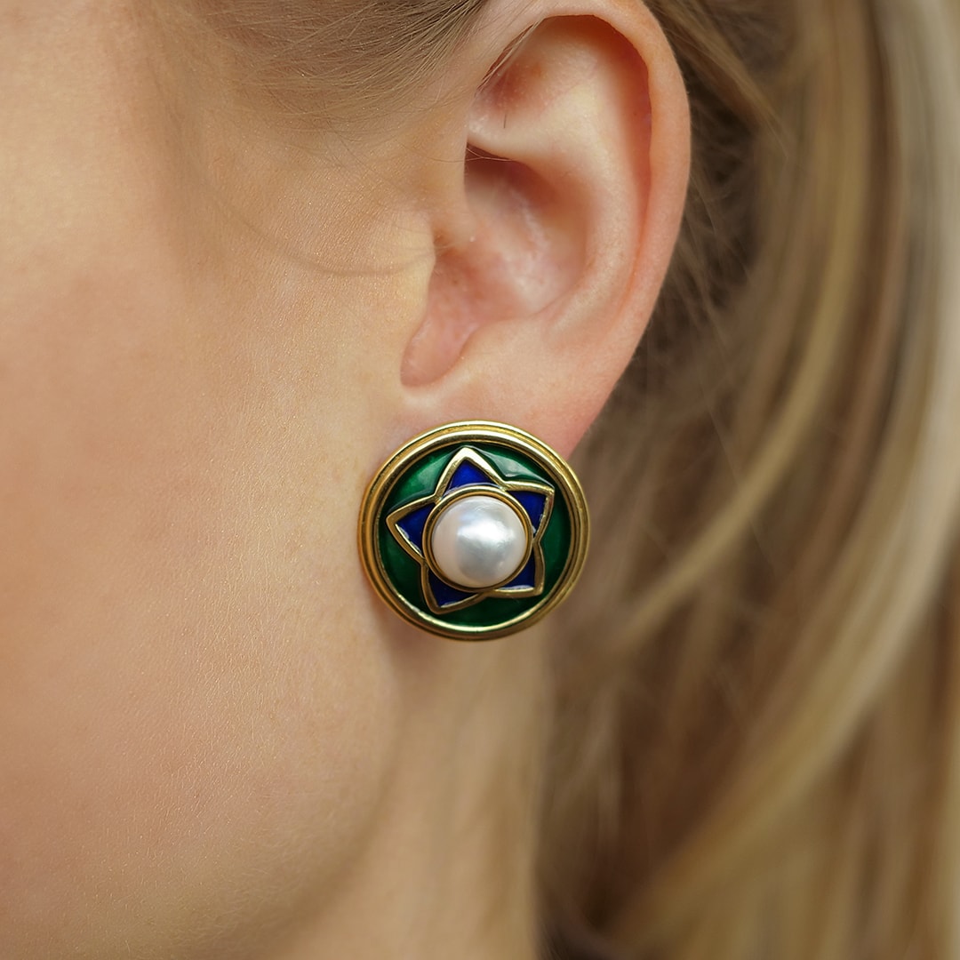 Schmuck: Perl Ohrstecker Marbeperle mit Emailie Gelbgold 19 mm aus 750 Gelbgold von Last Pieces