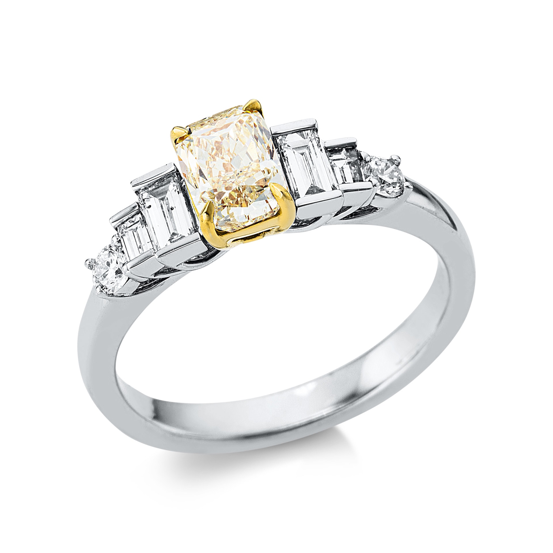 Schmuck: Solitaire Cushion Ring Baguette & Brillant Weißgold Gr. 55 aus 750 Weißgold von Jewels by Eckstein