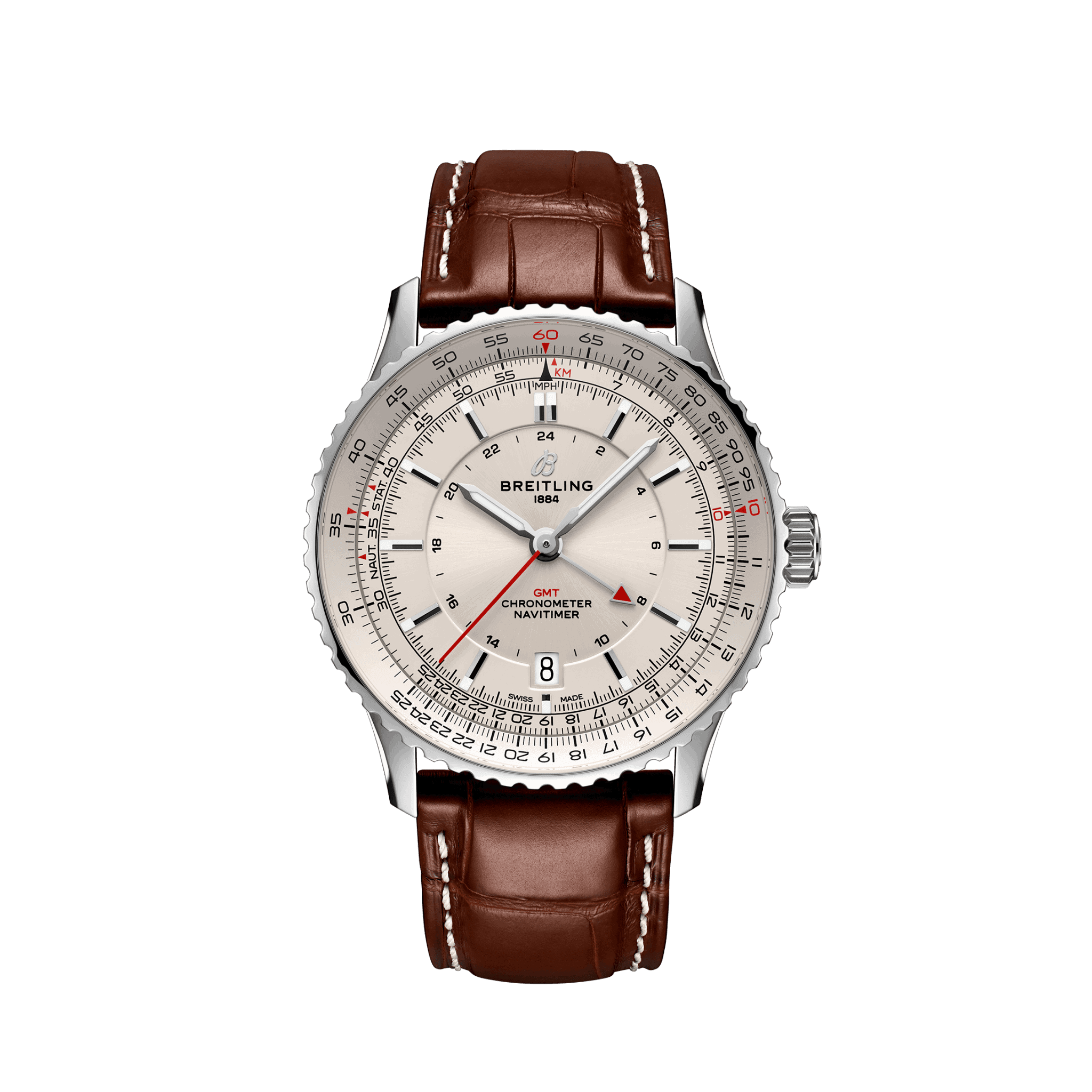 Uhren: Breitling Navitimer Automatik GMT Silber Index 41 mm aus Edelstahl von Breitling