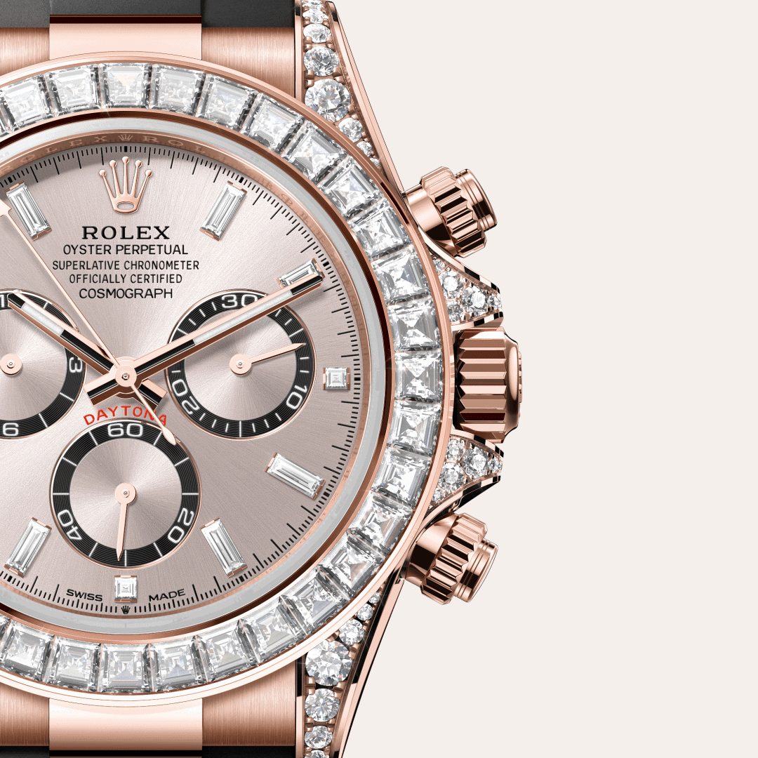 Rolex Cosmograph Daytona mit Zifferblatt Sundust, strahlend schwarze Totalisatorringe, diamantbesetzt (M126535TBR-0002) – Juwelier-Eckstein