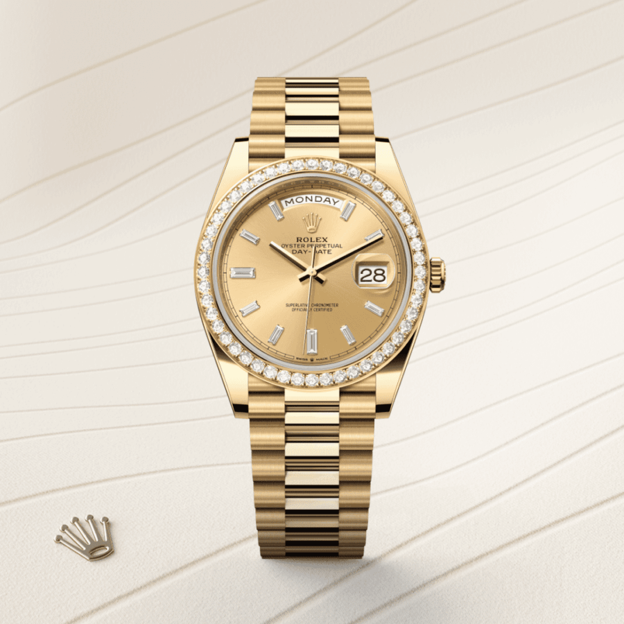Rolex Day-Date 40 Oyster, 40 mm, Gelbgold mit Diamanten (M228348RBR-0002) – Juwelier-Eckstein
