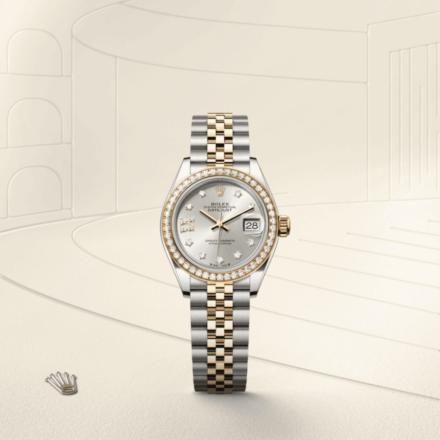 Rolex Lady-Datejust Oyster, 28 mm, Edelstahl Oystersteel und Gelbgold mit Diamanten (M279383RBR-0003) – Juwelier-Eckstein