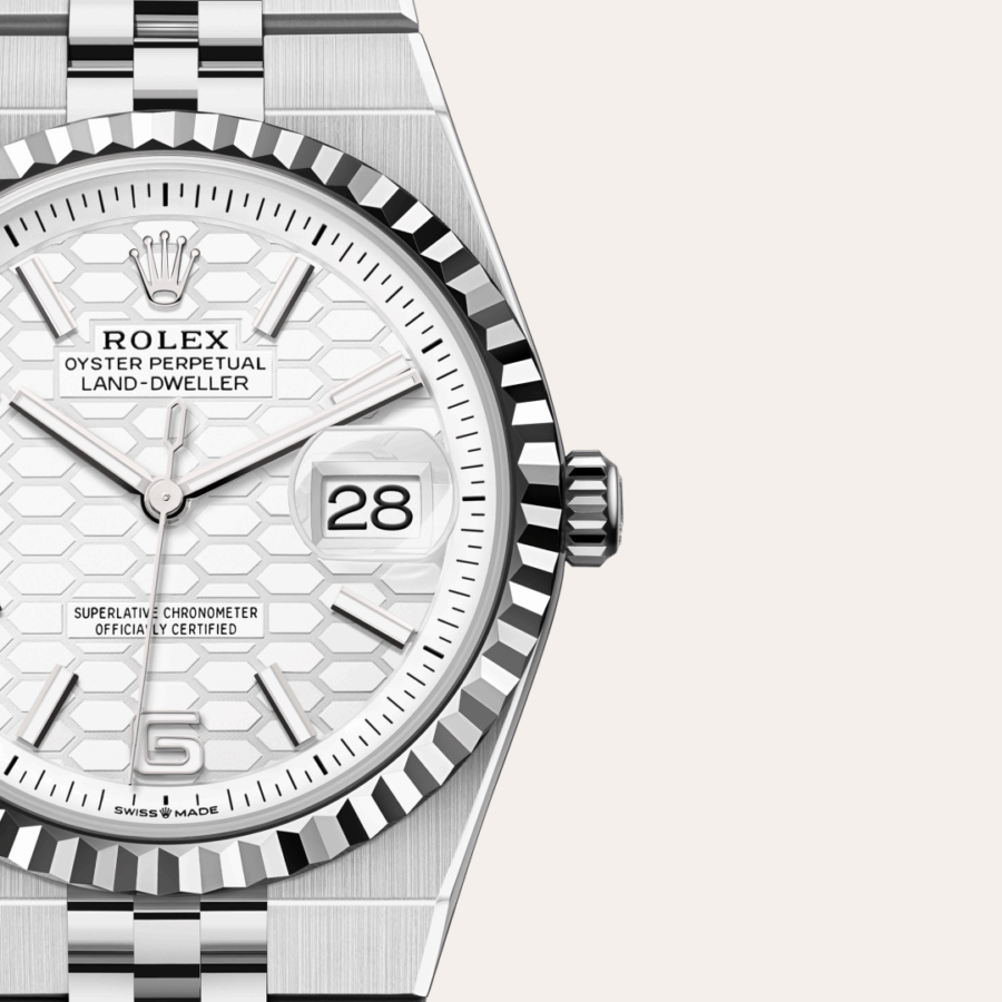 Rolex Land-Dweller 36 mit Zifferblatt Tiefweiß mit Wabenmuster (M127234-0001) – Juwelier-Eckstein