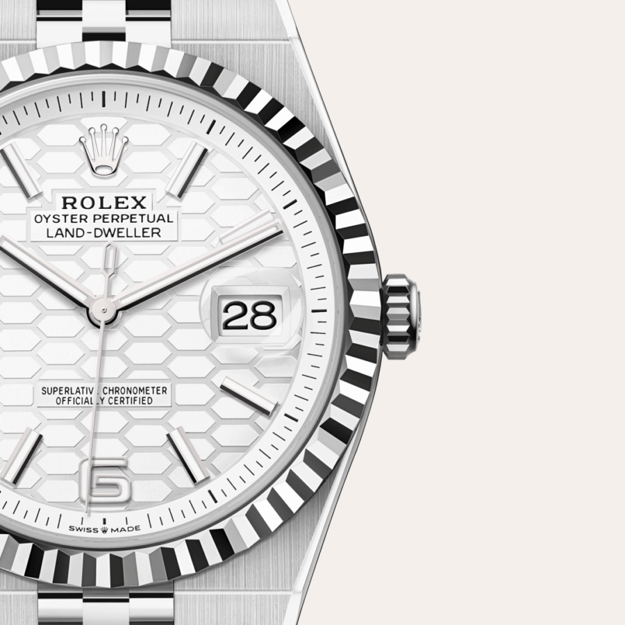 Rolex Land-Dweller 40 mit Zifferblatt Tiefweiß mit Wabenmuster (M127334-0001) – Juwelier-Eckstein